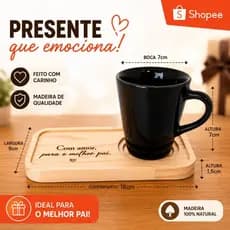 Kit Dia dos Pais Caneca de Porcelana com Pires de Madeira Pinus Gravado Presente Especial