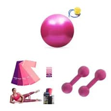 Kit Yoga Pilates Halter 1 Kg Rosa + Bola De Pilates + Kit Theraband
