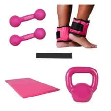 Kit Academia Par Halter 3 Kg Emborrachado Rosa+Par Caneleira 3 Kg+Kettlebell 4 Kg Peso Agachamento+Colchonete+Elástico