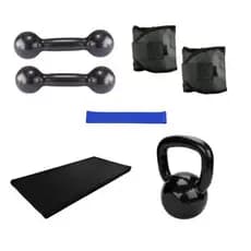 Kit Treino Completo Par Halter 1 kg Preto + Par Caneleira 1 Kg + Kettlebell 4 Kg + Colchonete + Elástico Theraband