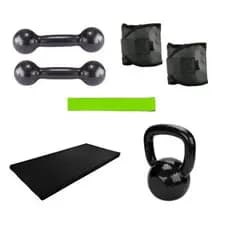 Treino Aeróbico Par Halter Peso 2 Kg Preto + Par Caneleira 2 Kg + Kettlebell 4 Kg + Colchonete + Mini Band