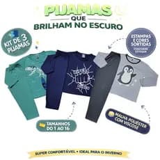 Kit 6 peças (3 conjuntos) Pijama Inverno Infantil Juvenil Menino Brilha no Escuro 1 ao 16