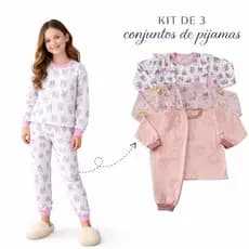 Kit 3 Conjuntos Pijamas Infantil Quentinho Peluciado Flanelado Menina Inverno Frio 1 ao 8