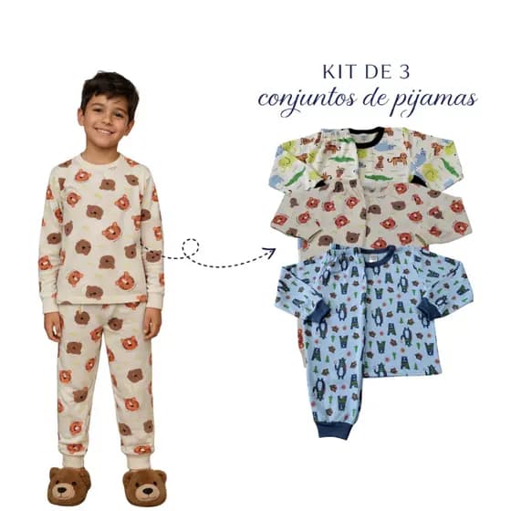 Kit 3 Conjuntos Pijamas Infantil Quentinho Peluciado Flanelado Menino Inverno Frio 1 ao 8