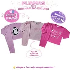 Kit 6 peças (3 conjuntos) Pijama Inverno Infantil Juvenil Menina Brilha no Escuro 1 ao 16