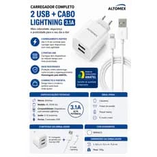 Carregador Completo Lightning 3.1A Duas Portas USB Altomex