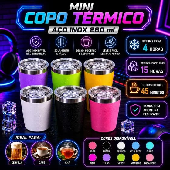 Mini Copo Térmico em Aço Inox 260ml com Tampa