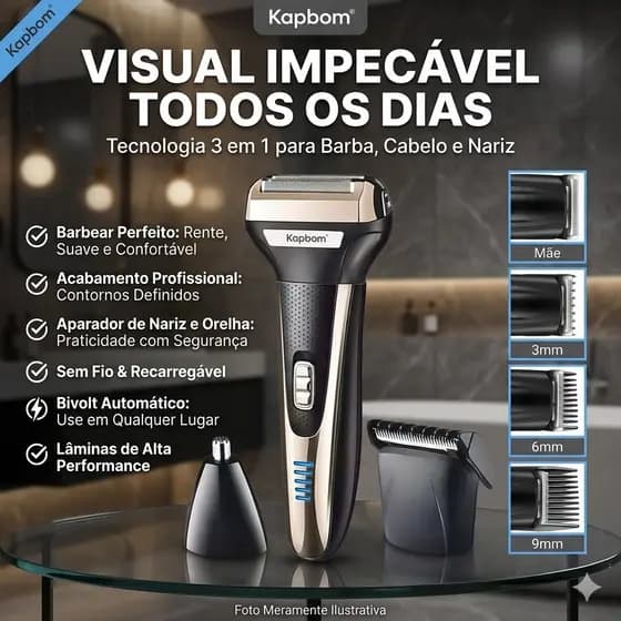 Barbeador Elétrico Profissional 3 em 1 Shaver Aparador de Pelos Recarregável Bivolt