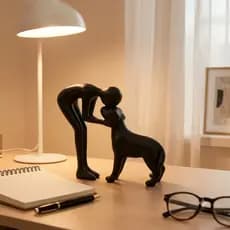 Escultura mulher com cachorro minimalista laço de amor decoração casa escritório quarto presente pet