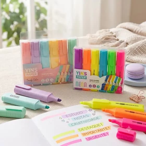 Marca Texto Tons Pasteis Kit 6 Unidades Caneta Grifadora Cute Estudo Escritorio Papelaria Fofa Neon