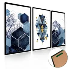 Quadros decorativos 3 peças árvore fformas geométricas azul luxo