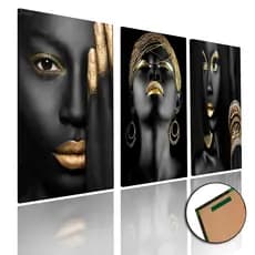 Quadros decorativos 3 peças mulheres negras bocas mãos douradas