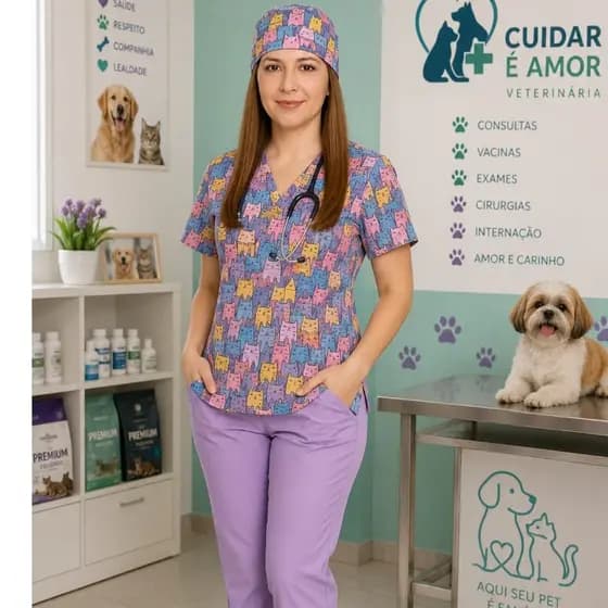 Pijama cirúrgico hospitalar Scrub Gatinhos coloridos conjunto ou bata