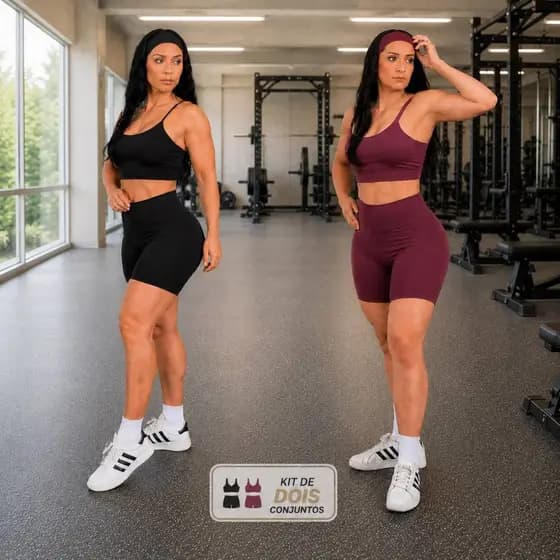 Kit 2 Conjuntos Fitness Feminino Short e Top Básico Academia Sem Transparência