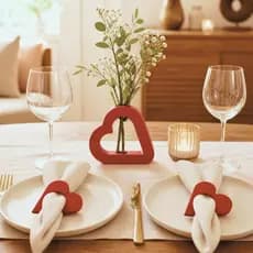 Kit Mesa posta Casal Namorados Vaso Coração + 2 Anéis Porta Guardanapo Vermelho