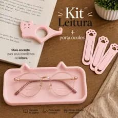 Kit de Leitura Rosa Gatinho com Bandeja Porta Óculos e Marcadores de Página Patinhas - ROSA