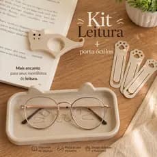 Kit de Leitura Rosa Gatinho com Bandeja Porta Óculos e Marcadores de Página Patinhas - BEGE
