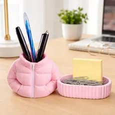 Kit Porta-Lápis Jaqueta Puffer e Porta-Objetos Rosa Organizador Mesa Escritório Criativa Organizada