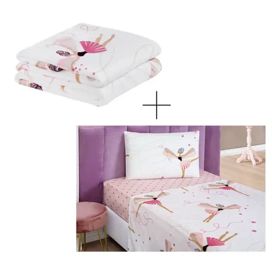 Kit 3 Peças Manta Soft Solteiro c/Jogo de Lençol Infantil Menina/ Menino Macio - Unicórnio Astronauta Dino Bailarina