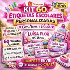 Kit 60 Etiquetas Escolares Personalizada com Nome e Turma | Etiquetas Escolares Menino Menina | Vários Temas