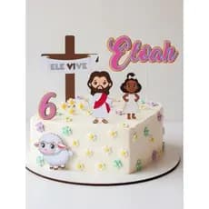 Topo de Bolo Jesus Ele Vive Personalizado com Nome – Tema Cristão Jesus Cordeiro de Deus | Decoração de Bolo Festa