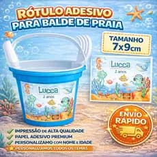 Rótulo Adesivo para Balde de Praia Personalizado | Nome e Idade | Lembrancinha Festa Infantil | 7x9cm | Qualquer Tema