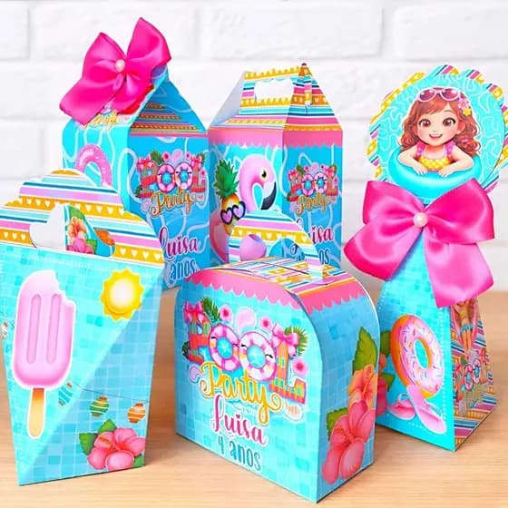 PEGUE E MONTE - Kit Festa Caixinhas Perosnalizadas Pool Party Menina | Lembrancinhas de Festa | Nome e Idade | Decoração