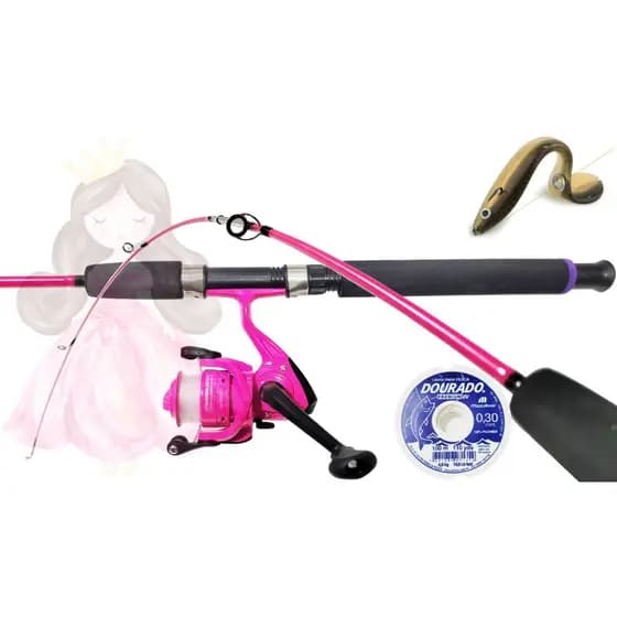 Kit de Pesca Princesa Rosa Molinete c/linha Vara maciça 1.20m