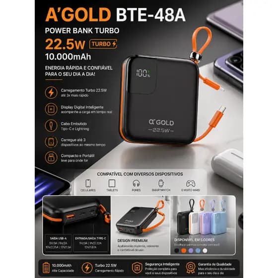 Power Bank Carregador Portátil 10.000mAh Turbo 22.5W – Carregamento Rápido com Display Digital - Powerbank Agold Turbo
