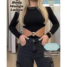 Body Manga Longa Premium Poliamida Forrada | Detalhe Dourado |
