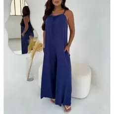 Macacão Pantalona Alça Fina Feminino Soltinho Liso Com Bolsos Viscolycra Leve
