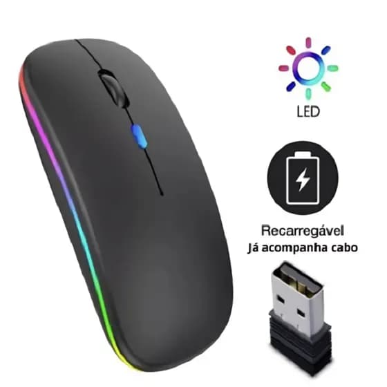 Mouse sem fio dual band receptor nano 2,4ghz RGB recarregável