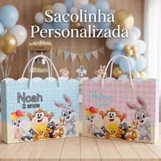 Sacolinha Pegue e Monte Personalizada Lembrancinha Festa Infantil Tema Baby Looney Tunes