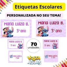 KIT 70 ETIQUETAS ESCOLARES STITCH E ANGEL 1.0 - ADESIVO ESCOLAR - VOLTA AS AULAS