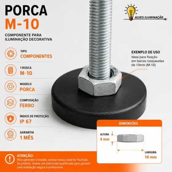 Kit 50 Porcas Sextavada Rosca M10 de Ferro Zincado 4mm de Altura Para Luminárias Pendentes e Lustres