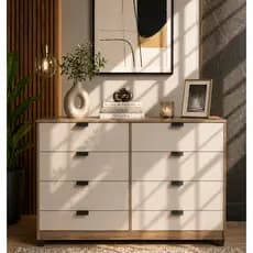 Cômoda Industrial 8 Gavetas P/ Quarto Casal Design Moderno Adulto Sapateira Off White Madeirado Espaçosa Cinza Branco