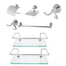 2 Porta Shampo Reto + Kit de Acessórios para Banheiro Saboneteira Quadrada de Vidro
