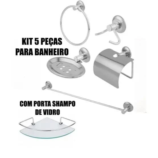 Kit Acessorios para Banheiro de Inox Aluminio 5 Peças com Porta Shampoo de Vidro Canto