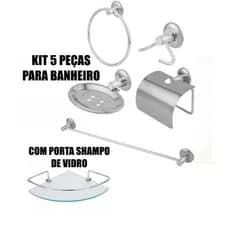 Kit Acessorios para Banheiro de Inox Aluminio 5 Peças com Porta Shampoo de Vidro Canto