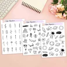 Cartelas adesivas doodle (12 opções) - decoração de planner, bujo, agendas, scrapbook