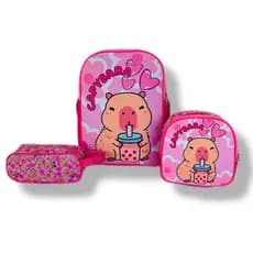 KIT MOCHILA INFANTIL CAPIBARA - CAPIVARA DIVERTIDA - LANCHEIRA TERMICA E ESTOJO