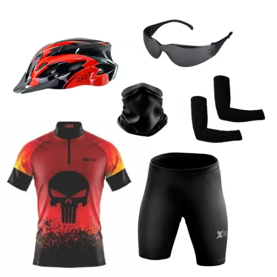 Kit Ciclismo Conjunto Camisa e Bermuda + Capacete Ciclismo C/ Led + Óculos de Proteção + Manguitos + Banda