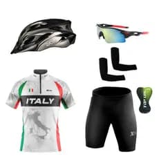 Conjunto Ciclismo Camisa C/ Proteção UV e Bermuda + Capacete + Óculos Espelhado + Par de Manguitos