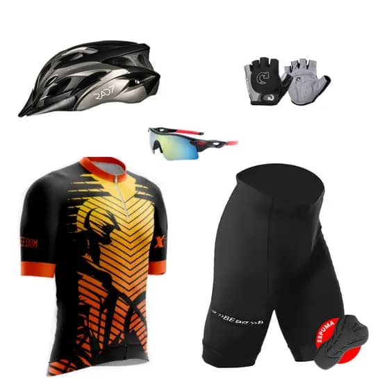 Kit Conjunto Ciclismo Camisa Proteção UV Bermuda C/ Forro + Capacete Ciclismo + Luva + Óculos