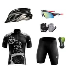 Kit Conjunto Ciclismo Camisa e Bermuda + Capacete MTB Led + Luvas Ciclismo  + Óculos de Proteção