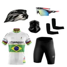 Kit Ciclismo Conjunto Camisa Bermuda + Capacete Ciclismo Led + Óculos de Proteção + Manguito+Bandana