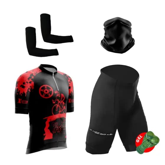 Kit Conjunto Ciclismo Camisa Proteção UV Bermuda C/ Gel + Manguito + Bandana