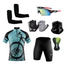 Kit Ciclismo Camisa e Bermuda + Par de Luvas de Ciclismo + Óculos de Proteção + Manguitos + Bandana