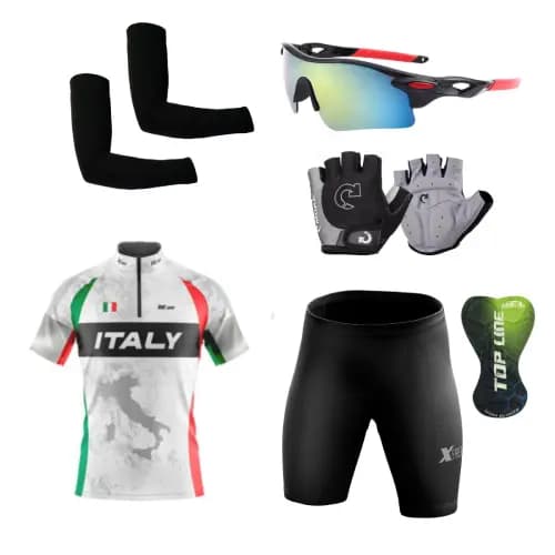 Conjunto Ciclismo Camisa e Bermuda C/ Proteção UV + Par de Luvas + Óculos Esportivo+Par de Manguitos