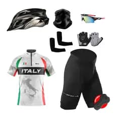 Kit Conjunto Ciclismo Camisa Proteção UV Bermuda C/ Forro + Capacete Ciclismo + Luva + + Óculos + Manguito + Bandana